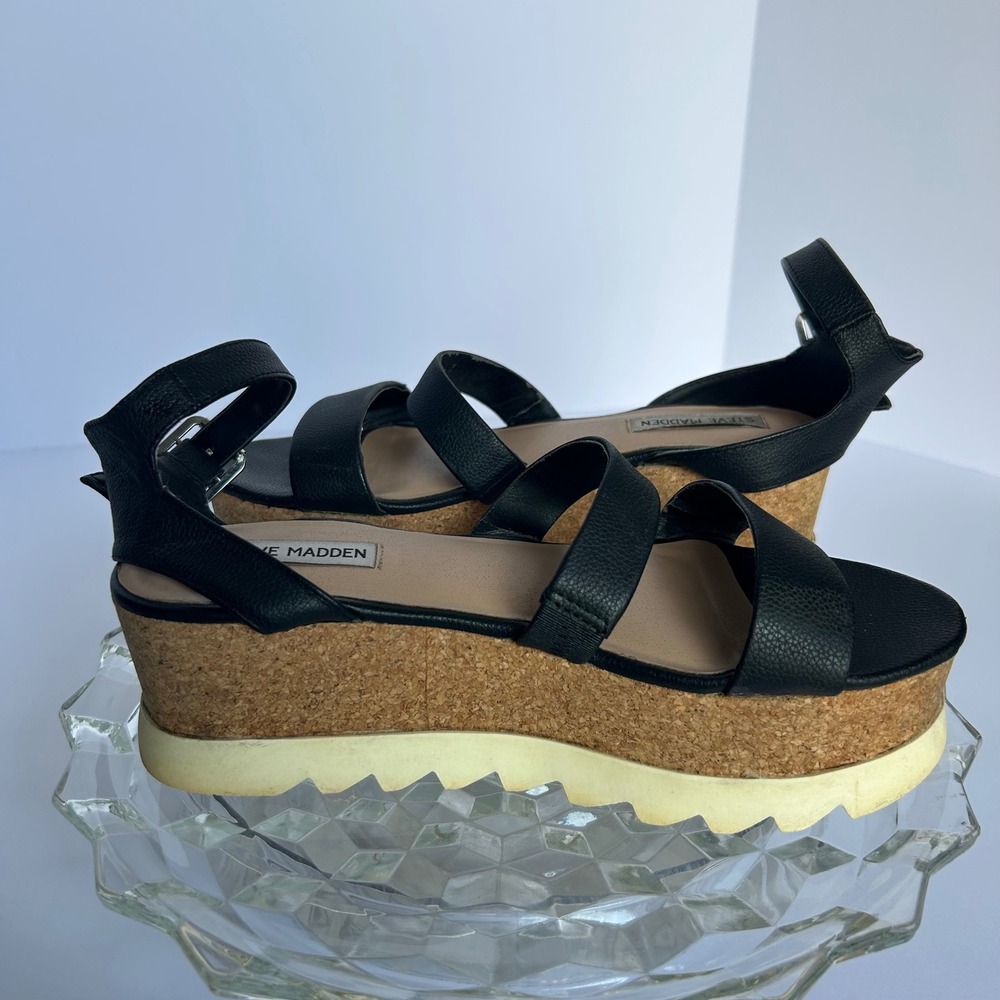 Steve Madden Platform Wedge Sandals Black Ankle Strap Cork Heel‎ Shoes